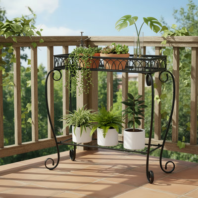 Traditional Style Double-Layer Wrought Iron Flower Stand, 26.1×13.1×26.1 Inches, Indoor/Outdoor Plant And Flower Display Rack, Black.