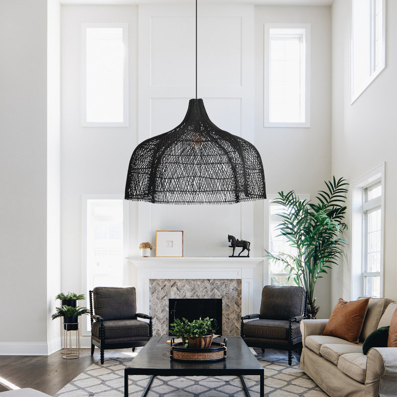 Modern Black Rattan Woven Pendant Light, 25.59" H X 31.50" W X 31.50" D