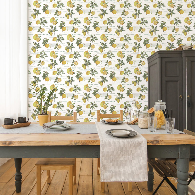 Just Kitchens Citron Botanical Leaf 33' L x 21" W Wallpaper Roll, White/Yellow/Green