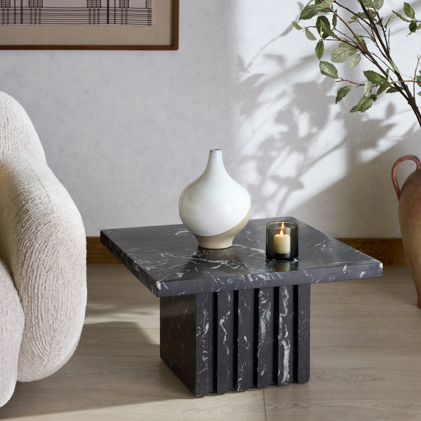 Pristina 21" Genuine Marble End Table, Black, 12" H x 21" W x 21" D