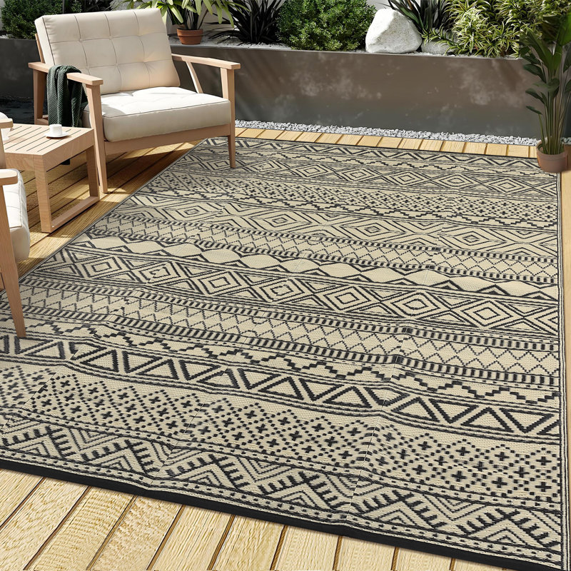 8 x 10 ft Plastic Black Dark Brown Rectangular Area Rug Bohemia for Beach Front Porches Patio Picnic RV Camping Garage, Brown