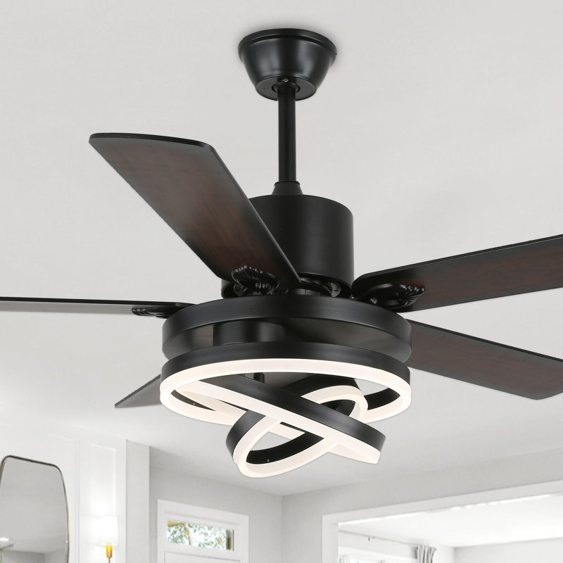Ventilateur de plafond noir moderne à 5 pales de 52 po avec éclairage et télécommande, ventilateur de plafond à 6 vitesses à moteur à courant continu pour salon, chambre à coucher