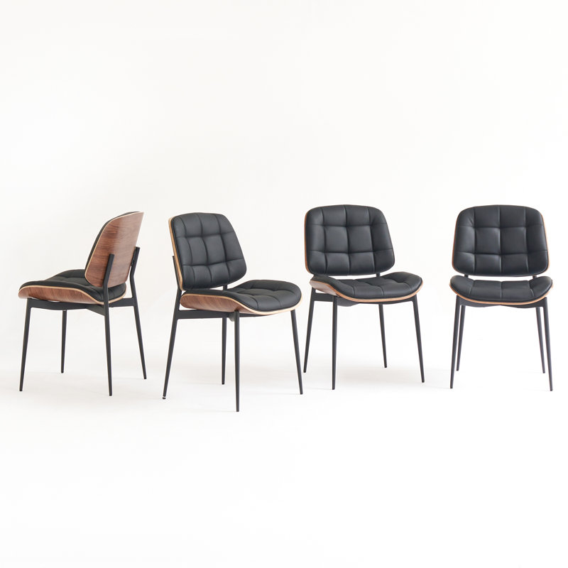 Mid Century Modern Dining Chairs with Walnut Grain Back, Black Faux Leather Dining Room Chairs Set of 4, Checkered Soft Cushion Kitchen Chairs with Adjustable Foot Pads