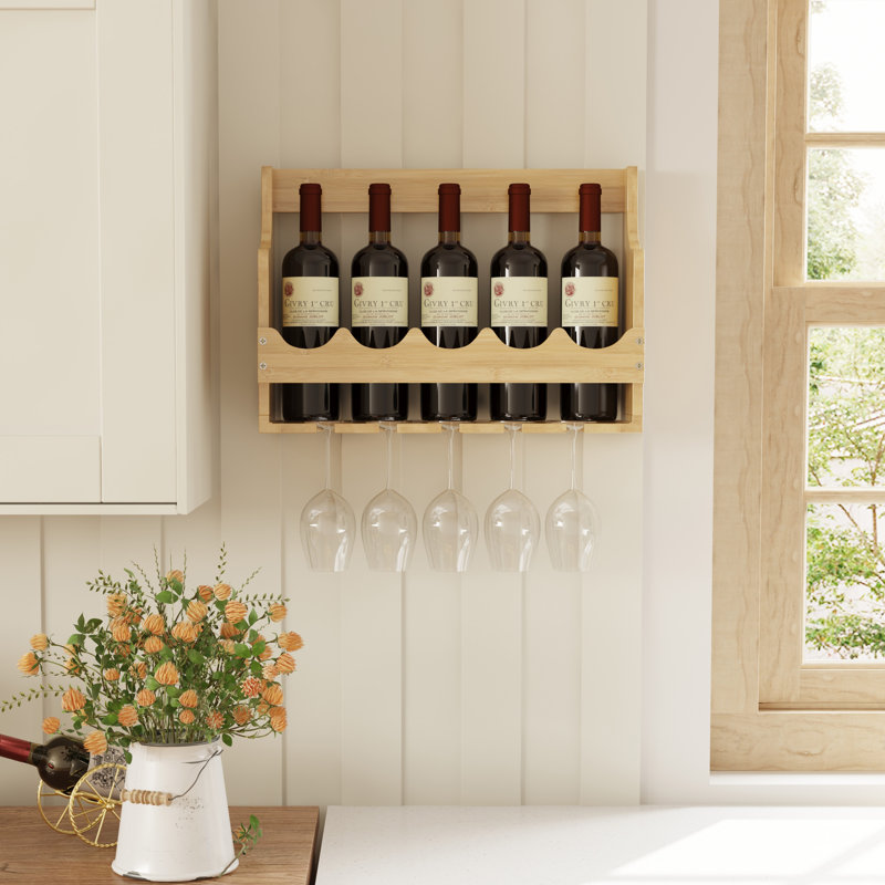 Casier à vin mural en bois massif avec porte-verres à pied, Beige