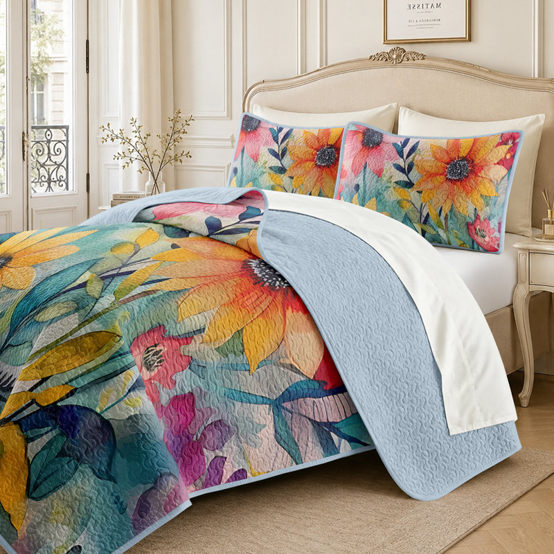3 Pieces King Quilt Set,Sunflower Bedspreads for King Size Bed,Lightweight Coverlet with 2 Pillow Shams