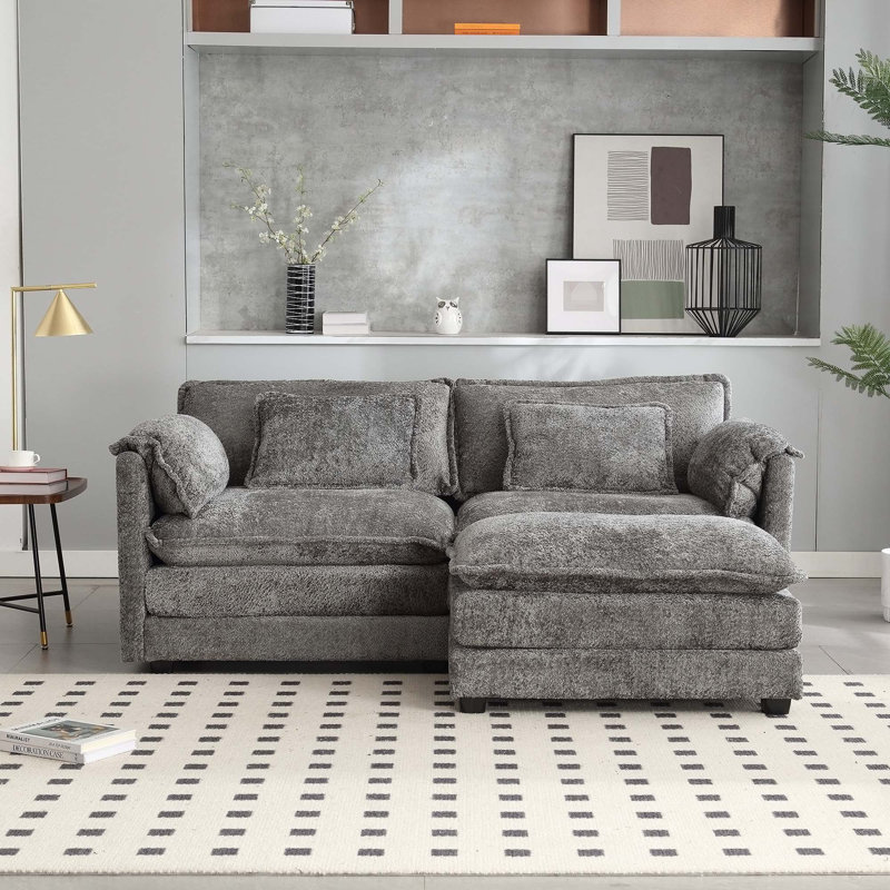 76.77" Chenille Loveseat With Ottoman, Gray Chenille