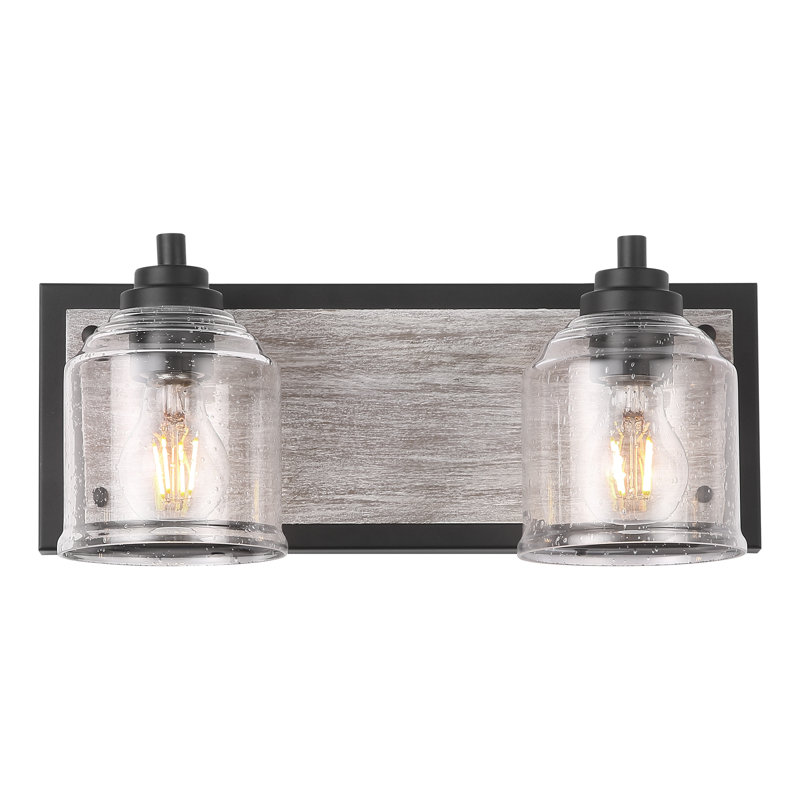 16 in. Modern Farmhouse 2-Light Dimmable Bathroom Vanity Light with Seeded Glass and Wood-Grain Backplate, 2, Black/Gray