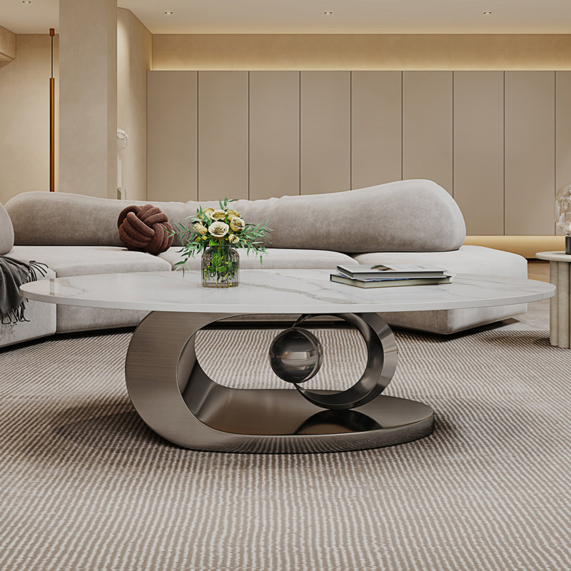Faux Marble Coffee Table With Sculptural Stainless Steel Base, Center Table, Gray/Silver