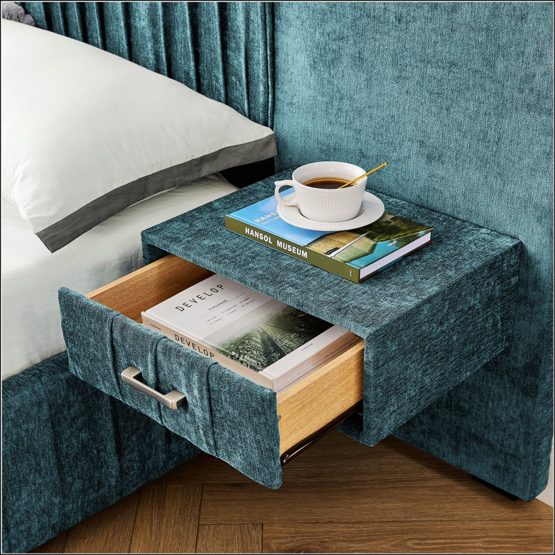 Structure de lit tapissier grand avec tissu chenille, Grand lit, Bleu-vert