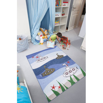Tapis bleu tissé à motif sous-marin pour enfants