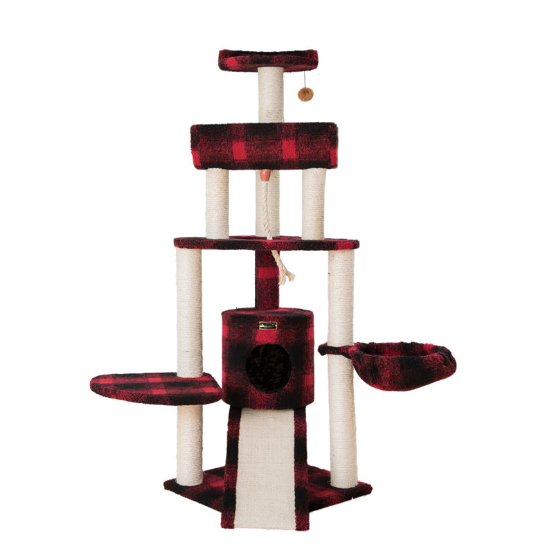 58'' Red and Black Plaid Sisal Cat Tree with Condo and Ramp