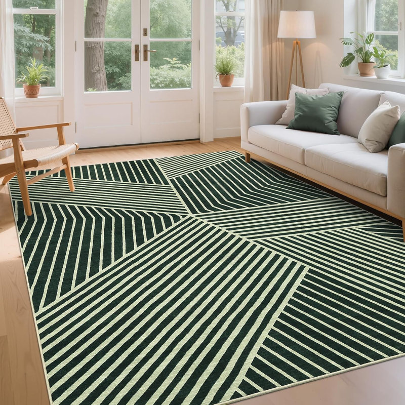 Modern Washable Striped Hallway Runner, Non-Slip, Low Pile, Farmhouse Rug for Kitchen & Laundry - Black, Rectangle 10' x 13'