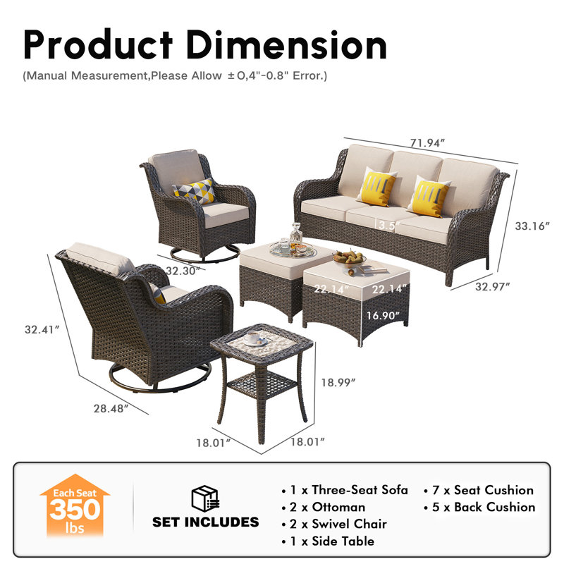 Ensemble de conversation en osier / rotin pour 5 personnes avec chaises pivotantes et coussins Guillen
