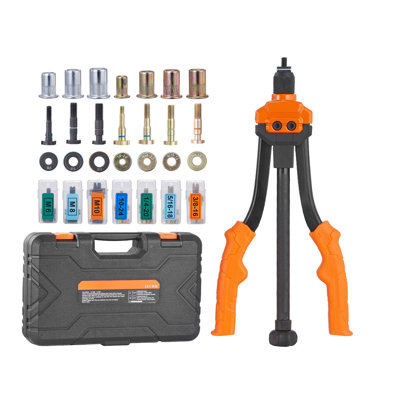 Outil de rivetage, trousse de rivetage de 14 pouces avec 7 mandrins métriques et SAE, 70 écrous de rivets assortis (10-24, 1 / 4-20, M6, 5 / 16-18, M8, 3 / 8-16, M10), Livré avec un étui de transport durable. | 15,35 po x 9,84 po x 3,74 po | Caisse |