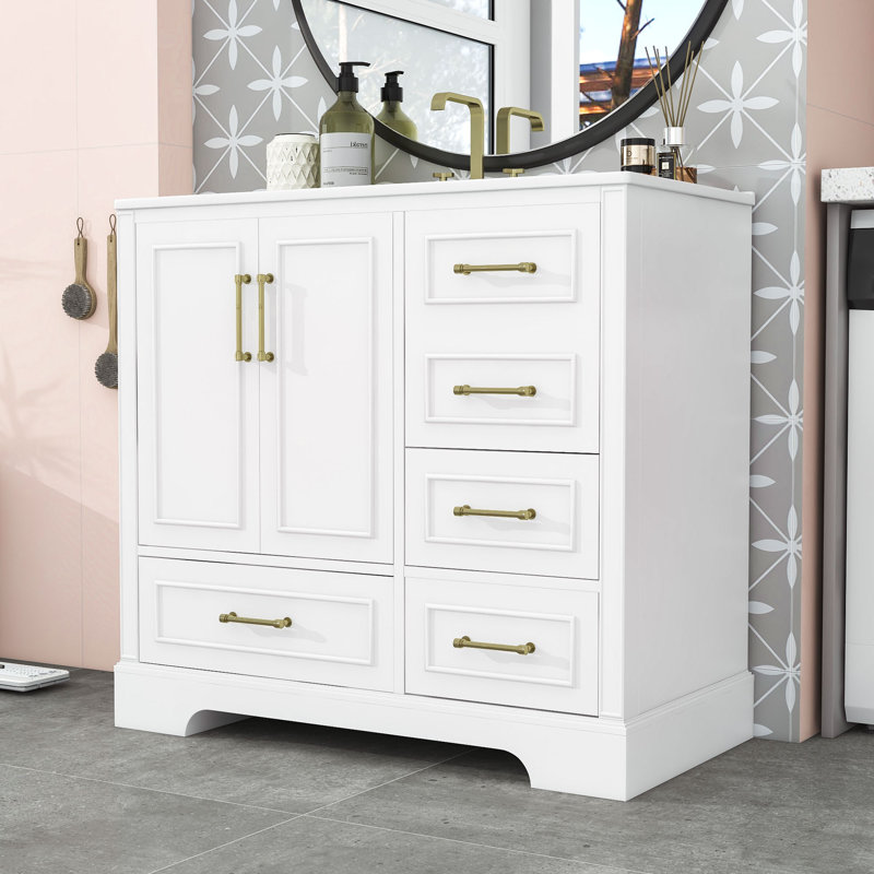 Meuble-lavabo simple élégant avec lavabo en céramique, portes à fermeture en douceur et grand espace de rangement, Blanc