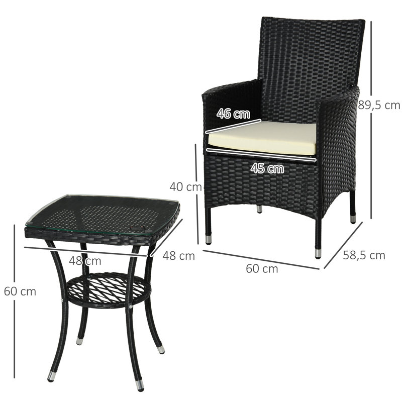 2 - Person Patio Dining Set with Rectangular Table, White Cushion/Black Frame