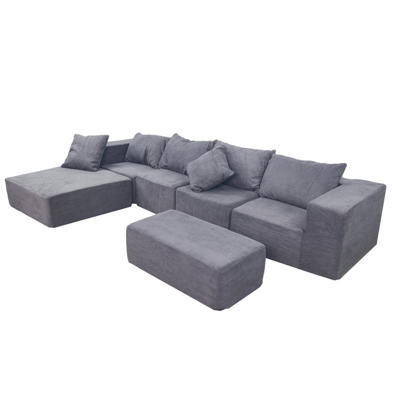 Canapé gris modulaire à 4 places avec 2 chaises longues et surdimensionnées, salon en nuage, matériau principal en velours, assise mi-ferme, velours côtelé standard 100 par brossé, rétractable lavable à la machine