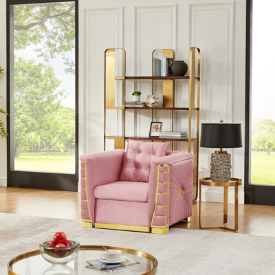 Pink 40.2" Luxury Italian Velvet Single Sofa, Thick Cushion, Wide Armrests, Gold Metal Accents & 1 Throw Pillow
