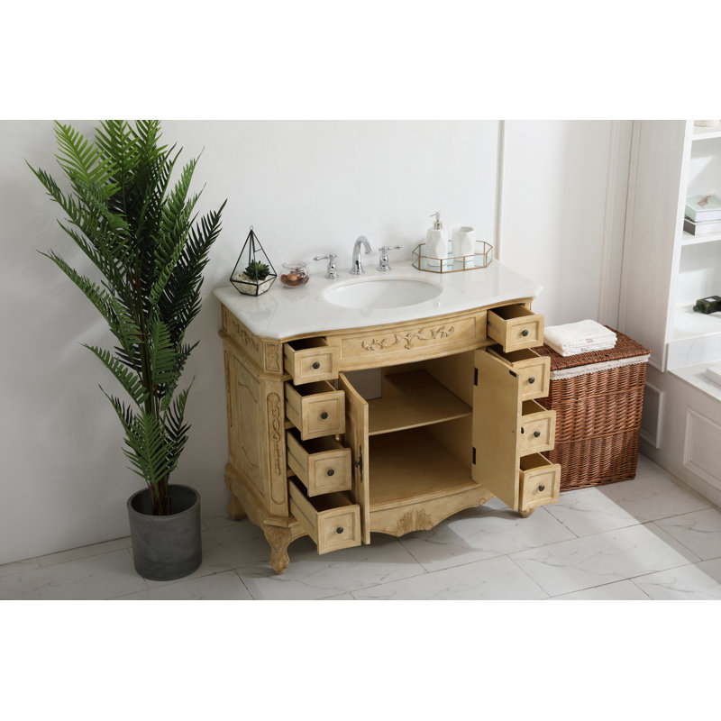 Lunette 42'' Single Bathroom Vanity with Engineered Marble Top, White, Antique Beige
