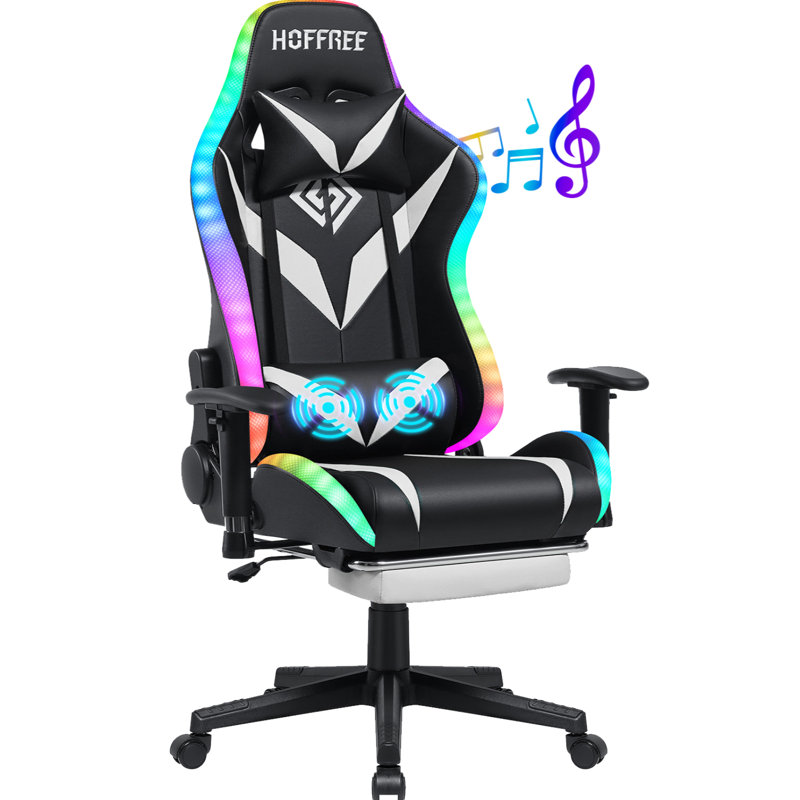 Hoffree Rocking Gaming Chair with Speakers Ergonomic Gamer Chair with Massage for Office and Gaming, White/Black