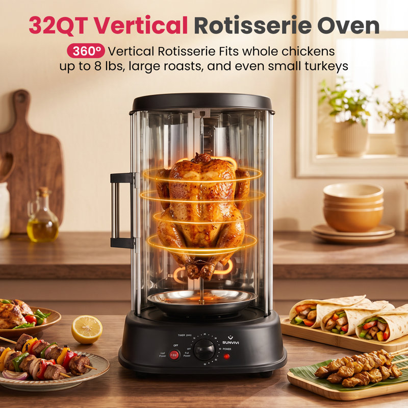 32 Qt 1800W Electric Vertical Rotisserie Oven with Full Accessories for Whole Chicken, Kebab & Fish