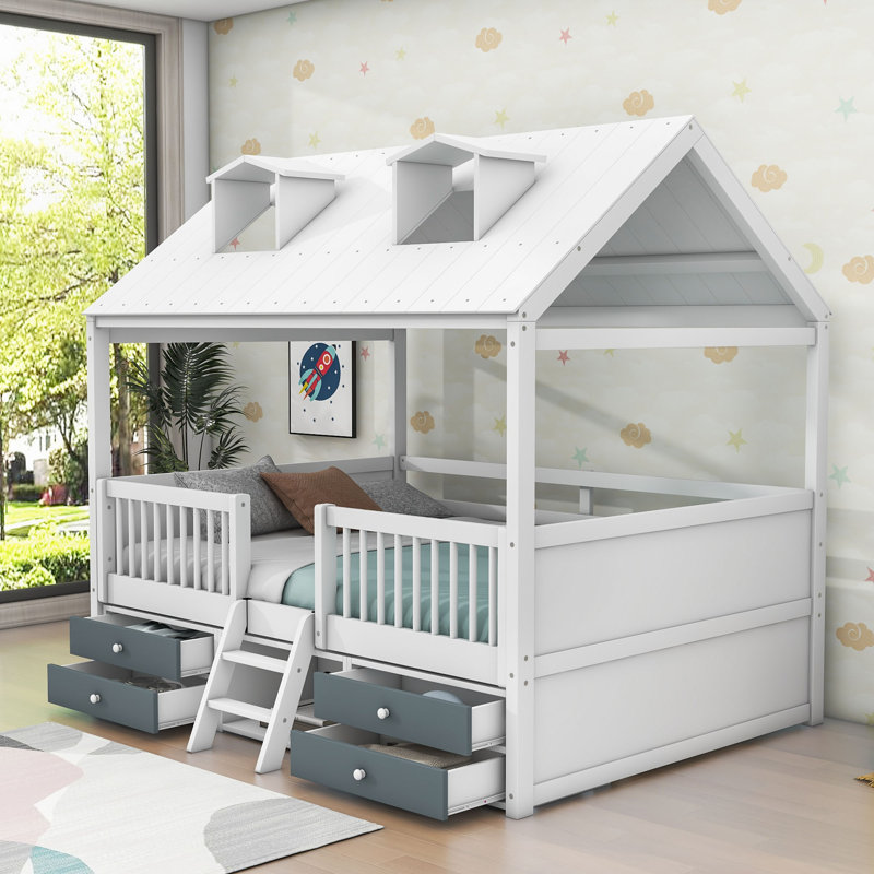 Milinocket Wood Loft Bed With 4 Drawers And Roof, Full, White