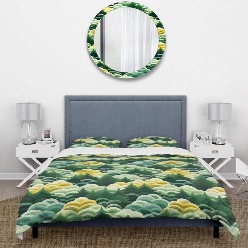 Ensemble de housse de couette vert et jaune à motif de forêt, Housse de couette simple + 1 taie décorative stan