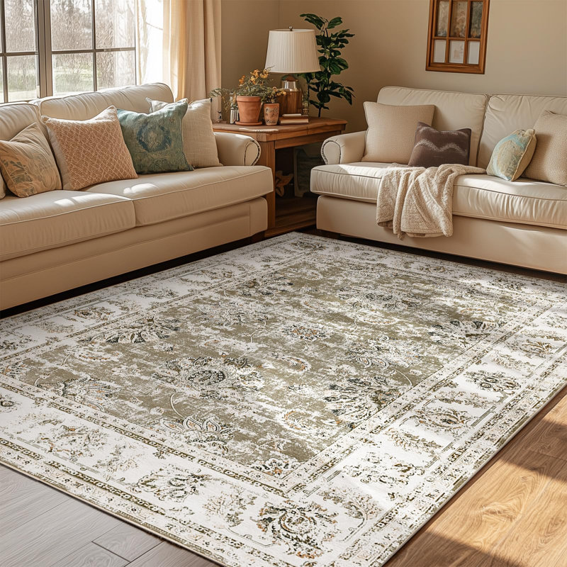 Floral Rug Vintage Botanical Print Distressed Taupe, Rectangle 6' x 9', Distressed Taupe