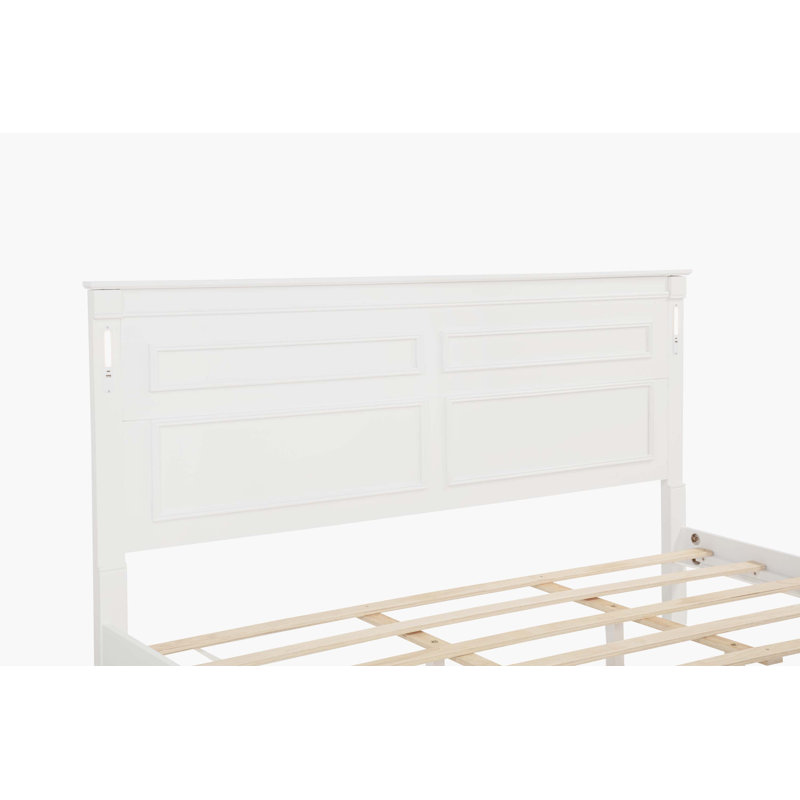 White Solid Pine Wakeley Bed With Tall-Panel Headboard, Footboard, 2 Storage Drawers, Built-In LED Lights, USB Charging Station, And Reinforced Frame