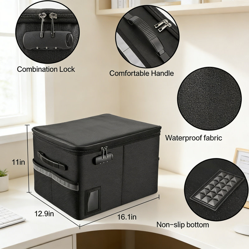 Fireproof Document Box 16.1X12.9X11in File Organizer Box With Lock Portable Office Safe Box
