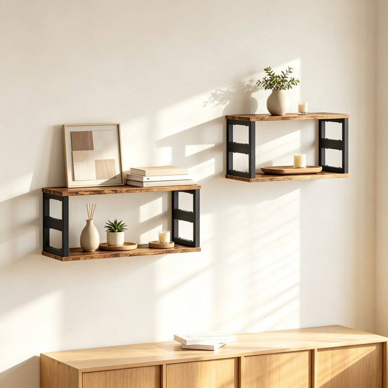 4‑Pack Rustic Brown and Black Wooden Floating Wall Shelves, Wall Mounted Storage Shelving for Bedroom, Living Room & Kitchen