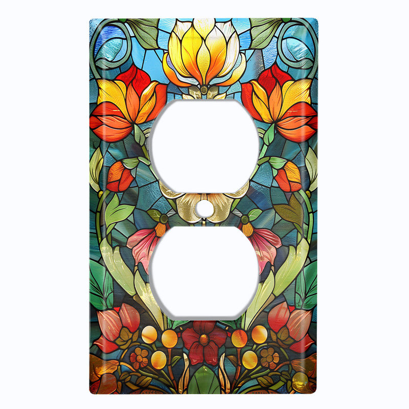 Couvercle de plaque d'interrupteur en métal; Rectangle 1 US standard - Image imprimée de fleurs en verre coloré