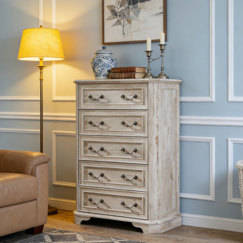Theron 5-Drawer Manufactured Wood Tall Chest, Distressed White