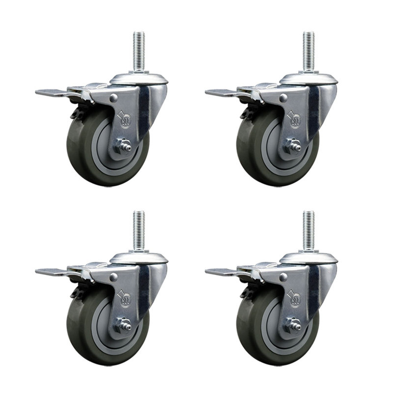 4 Inch Poly Swivel 5/8 Inch Threaded Stem Caster Set with Total Lock Brake, Grey
