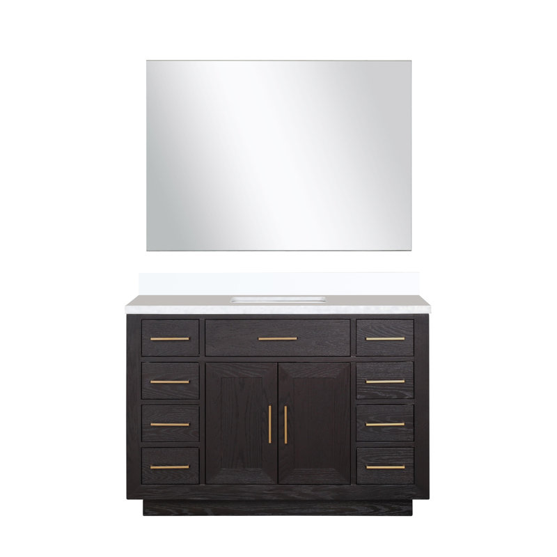 Ensemble de meuble-lavabo simple 48 "avec miroir, Chêne noir, Marbre de culture blanc