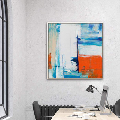 Bleu, orange, blanc, couleur, champ abstrait, formes d'art moderne, minimaliste multicolore, impression sur toile