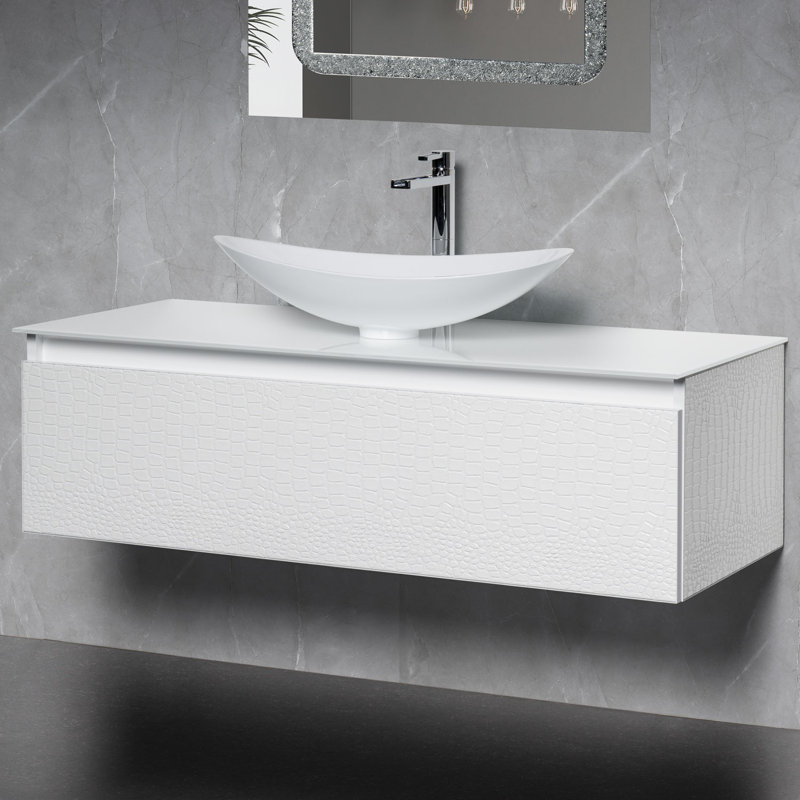 Meuble-lavabo simple avec comptoir, Crocodile blanc, 47", Verre trempé blanc