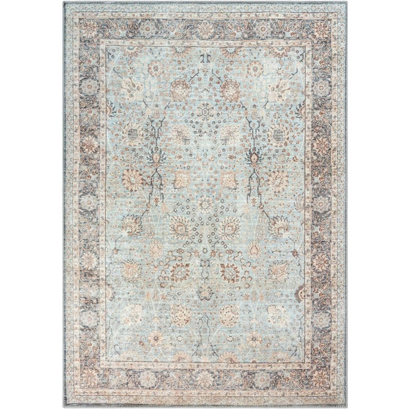 GLN Rugs Traditional Collection - Machine Washable Area Rug, Traditional Washable Rug, Non Slip Washable Rug, Low Pile Chenille Living Room Rug, Bedroom Rug, Kitchen Rug (Blue Floral Rug)