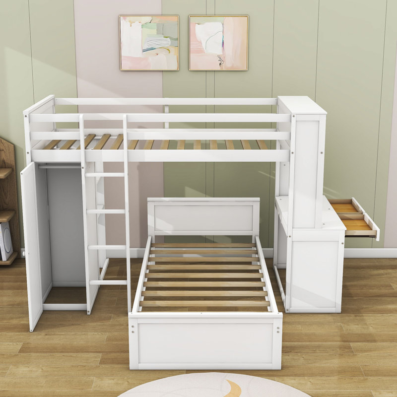 Curt Kids Twin Over Twin 2 Drawers Wood Bunk Bed with Built-in-Desk and Shelves, White