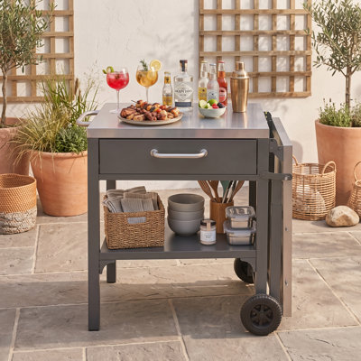 Chariot de cuisine pliable pour l'extérieur avec plateau en acier inoxydable et rangement