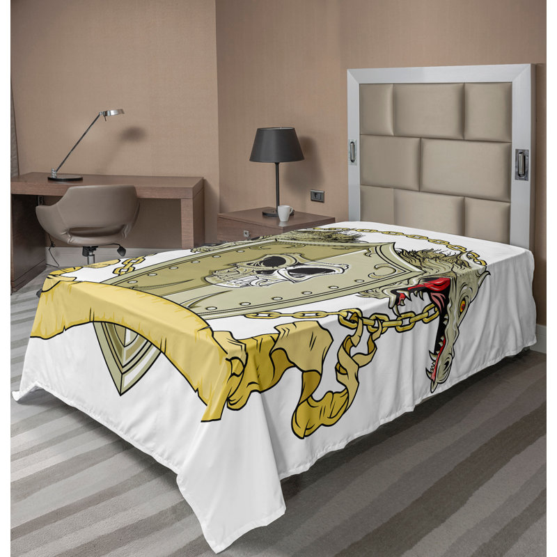 Ambesonne Yellow Top Flat Sheet Shield Dragon Medieval Yellow White, Twin Flat Sheet
