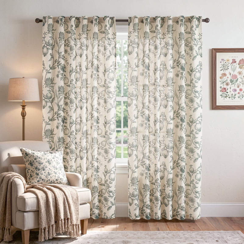 Nathnael Linen Blend Toile Semi-Sheer Curtain Panel Pair, Dark Green, 50" W x 84" L
