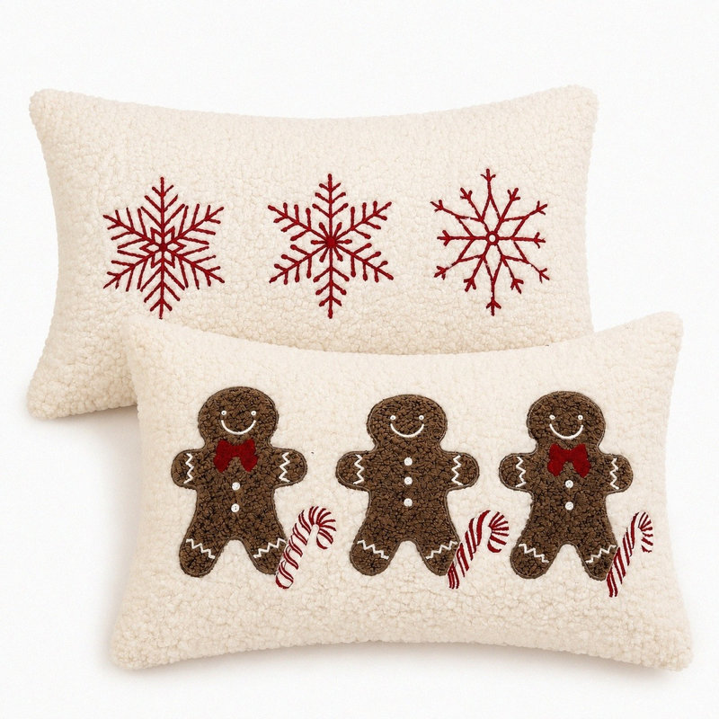 20x12 Inch Sherpa Embroidered Christmas Throw Pillow Covers Snowflake Gingerbread Man Pillowcases