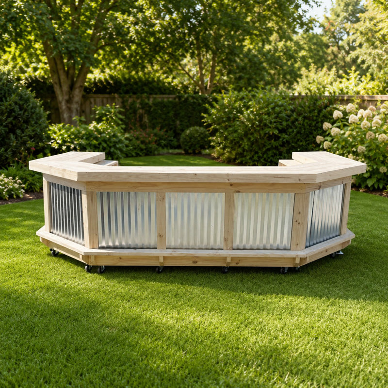 Comptoir de bar extérieur en forme de U 8x4 avec structure en bois et panneaux en métal