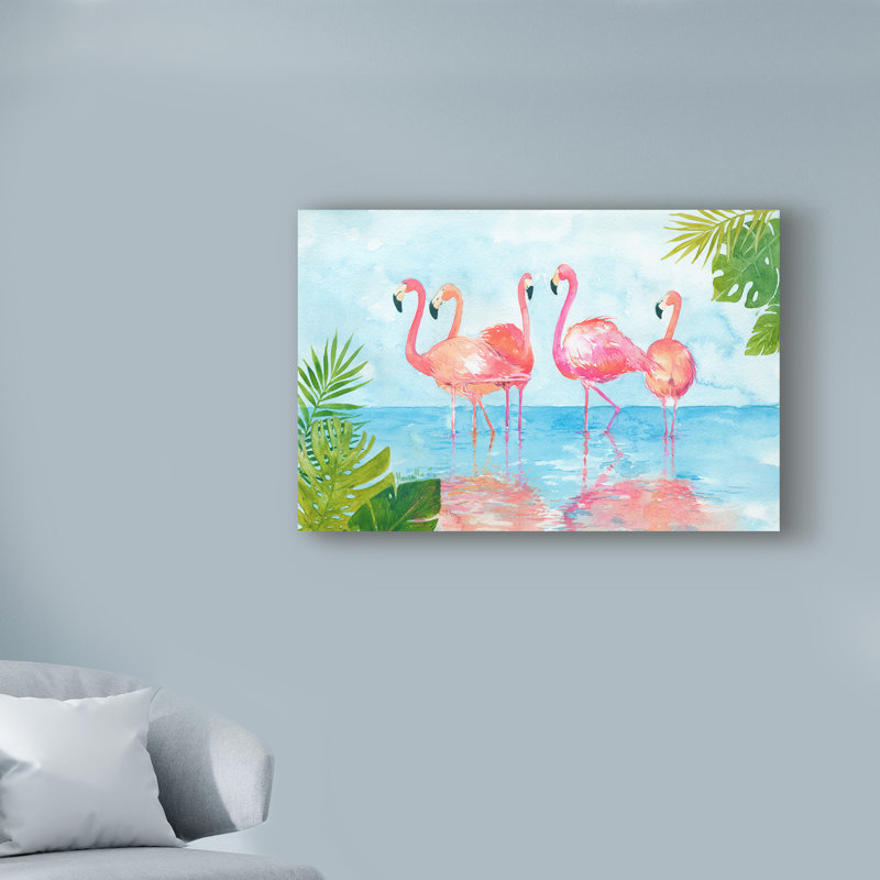 «Flamants et feuilles», reproduction de peinture acrylique sur toile tendue, H 16 po x l 24 po x P 2 po