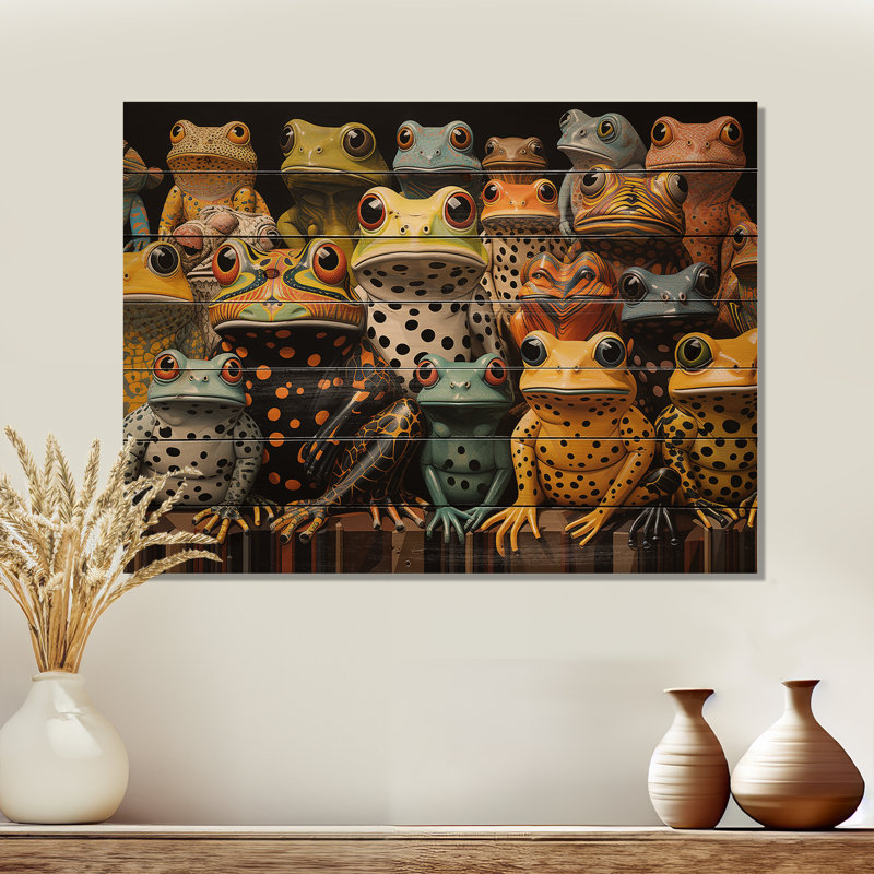Multicolor Pop Art Frogs I - Frogs & Toads Wood Wall Art On Natural Pine Wood, 10" H x 20" W