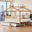 Lit plateforme classique blanc de style maison ludique, lit double avec lit gigogne escamotable et bibliothèque intégrée, bois massif
