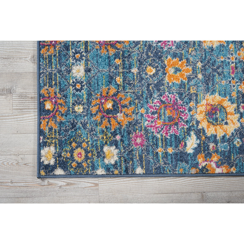 Tapis floral bleu / rose en polypropylène tissé à la machine, Tapis de couloir 2 pi 2 po x 10 pi