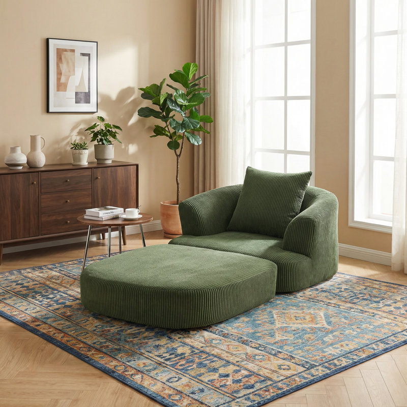 Oversized Upholstered Convertible Accent Barrel Chair, Green Corduroy