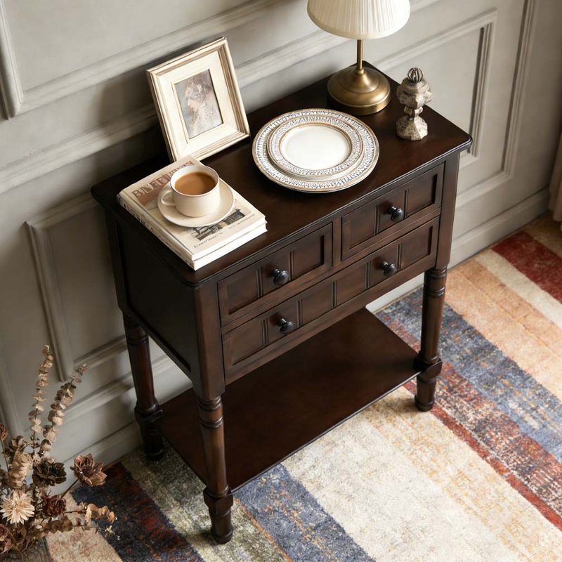 Console étroite, canapé mince avec trois tiroirs de rangement et tablette inférieure pour le salon, assemblage facile
